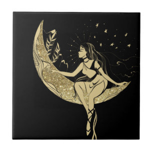 Carreau Belle lune des étoiles femme art déco illustrati