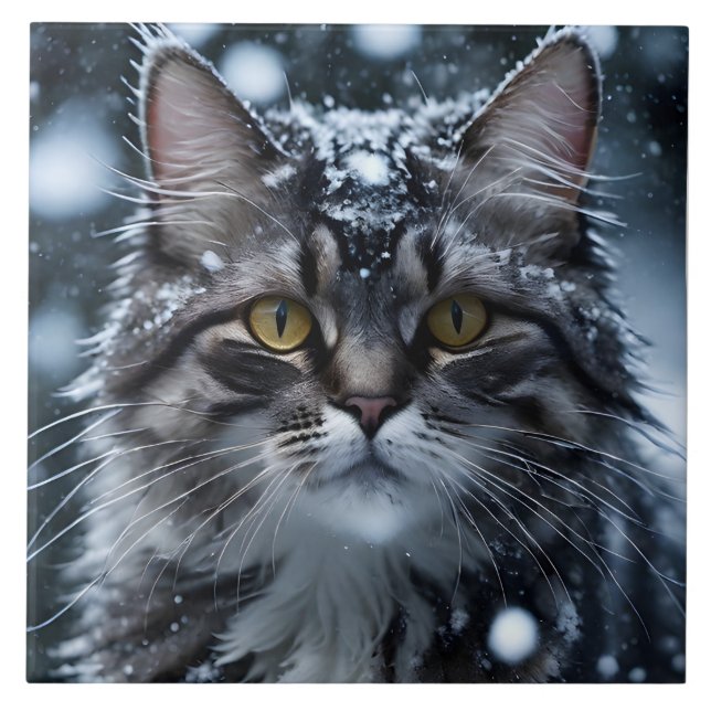 Carreau Belle Tabby Gris Chat dans la neige (Devant)