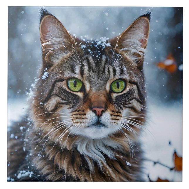 Carreau Belle Tabby Gris Chat en Neige (Devant)