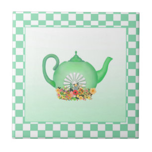 Carreau Belle théière verte avec tuile en céramique Fleurs