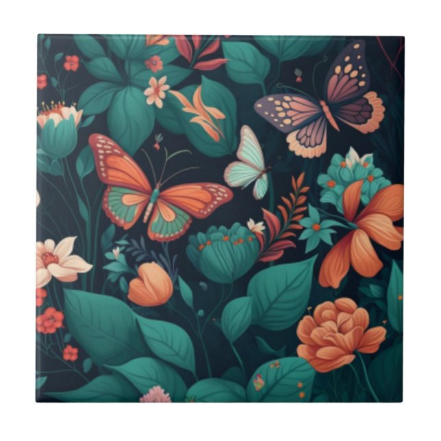 Carreau Belles fleurs et papillons dans la jungle (Devant)
