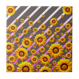 Carreau Belles fleurs jaunes sur gris, rayures roses