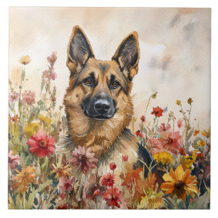 Carreau Berger Allemand parmi des fleurs sauvages vibrante