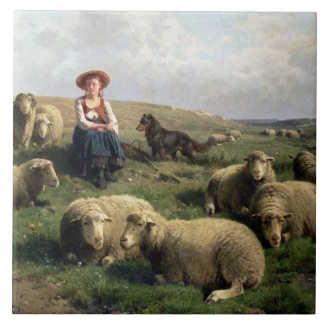 Carreau Bergère avec des moutons dans un paysage (Devant)