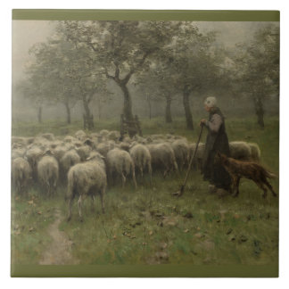 Carreau Bergère avec un troupeau des moutons, mauve