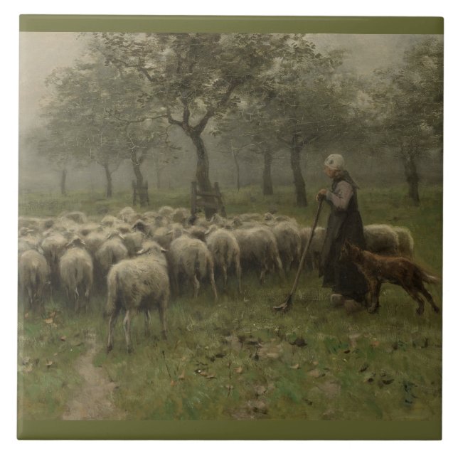 Carreau Bergère avec un troupeau des moutons, mauve (Devant)