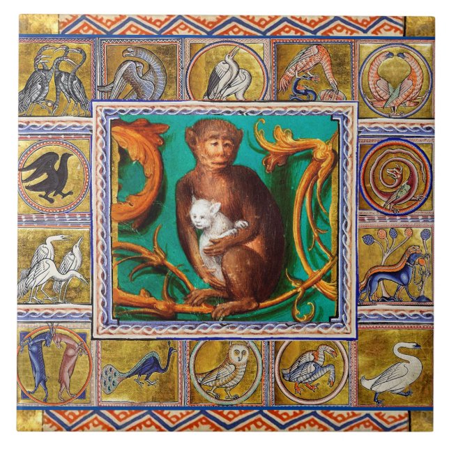 CARREAU BESTIAIRE MÉDIÉVAL, CHAT DE LUNET ET BLANC, ANIMAU (Devant)