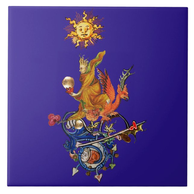 CARREAU BESTIAIRE MÉDIÉVAL ÉTRANGE,ALCHIMISTE,DRAGON ROUGE (Devant)
