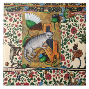 CARREAU BESTIAIRE MÉDIÉVAL, MUSIQUE, CHAT JOUER ORGE