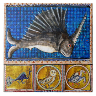 CARREAU BESTIAIRE MÉDIÉVAL, POISSON UNICORNE, ANIMAUX FANT
