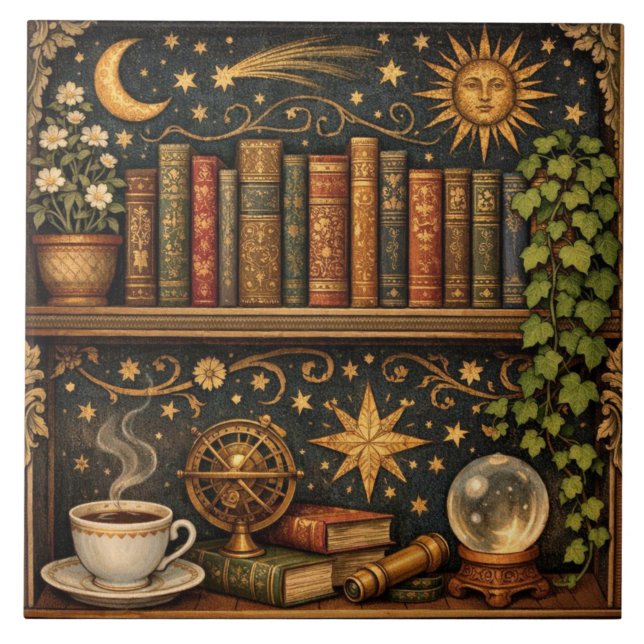 Carreau Bibliothèque céleste rétro pour amateur de café (Devant)
