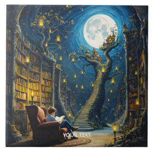 Carreau Bibliothèque d'arbre de garçon mignonne Imaginaire