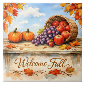 Carreau Bienvenue Panier de fruits à l'aquarelle d'automne