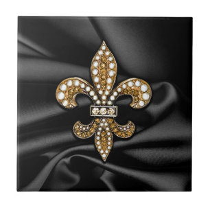 Carreau Bijou de Black Fleur De Lis Satin d'or