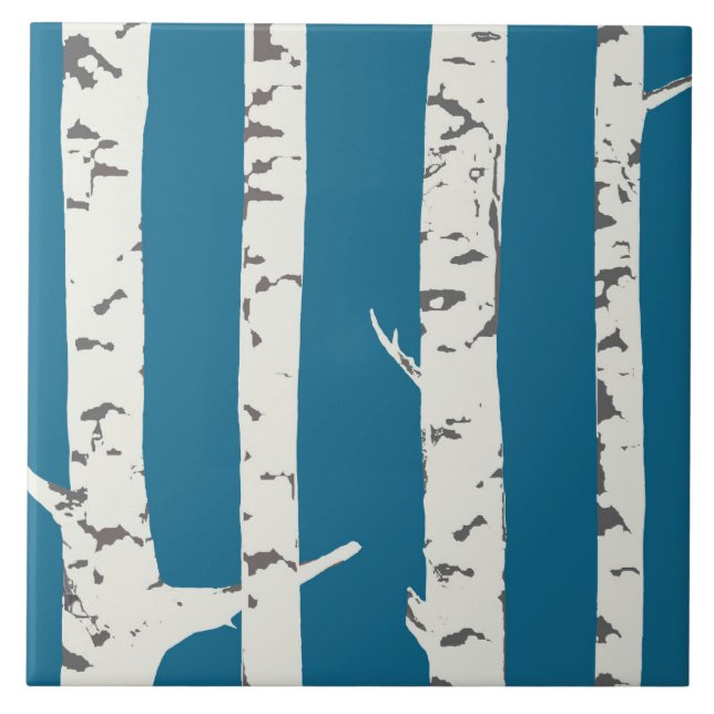 Carreau Birch tree on cobalt blue tile  (Devant)