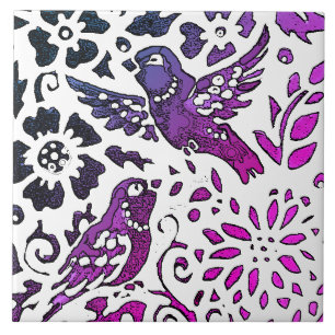 Carreau Bird Batik Moderne Purple Bleu Floral Bois