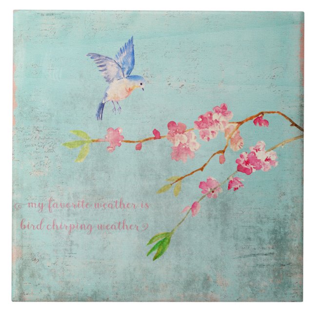 Carreau Bird de printemps Floral Cherryblossom Météo Bleu (Devant)