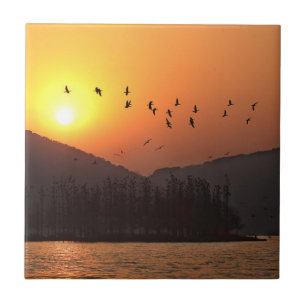 Carreau Birds Flying dans le lac Est de Sunset Sky