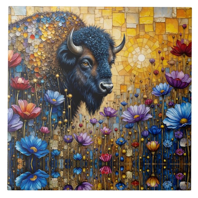 Carreau Bison Américain Paré de Bijoux dans les Fleurs (Devant)