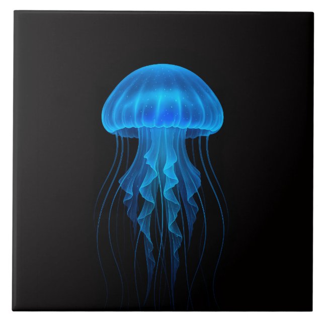 Carreau Black 4 Luxe Tile with Neon Blue Jellyfish (Devant)