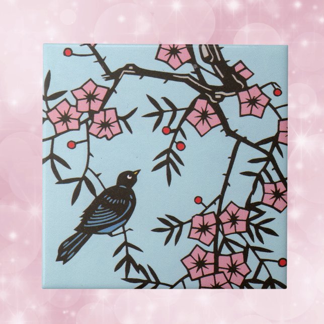 Carreau Black Bird Cherry (Black bird in cherry blossum tree with pink flowers on light blue decorative ceramic tile.)