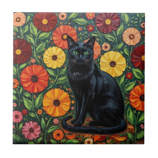 Carreau Black Cat and Colorful Folk Art Flowers (Devant)