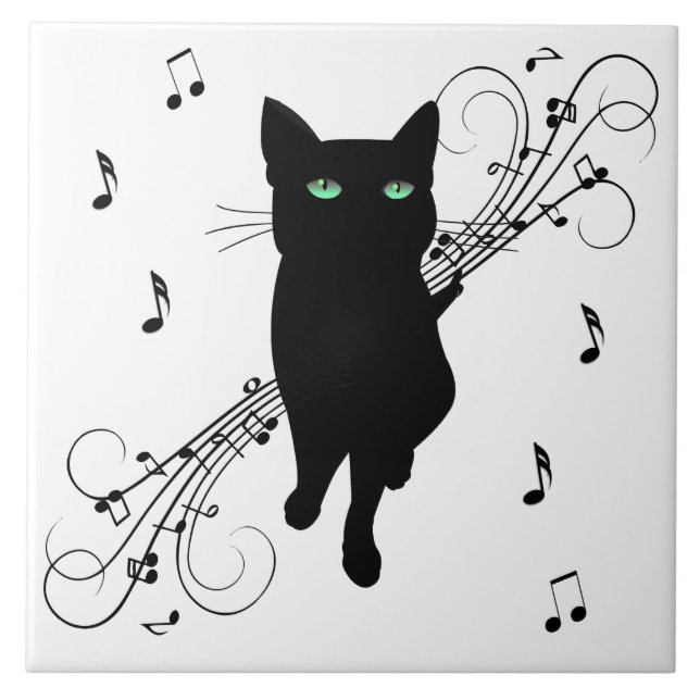 Carreau Black Cat Surrounded by Whispering Notes of Music (Devant)