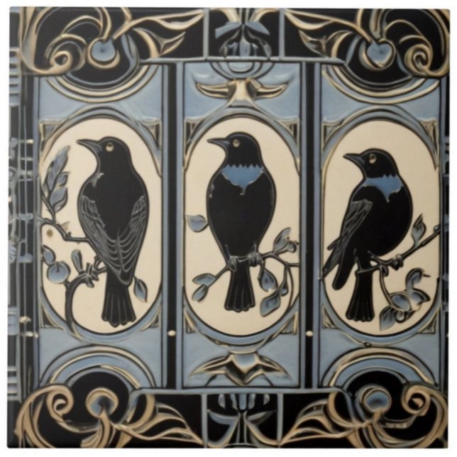 Carreau Black Crow Bird Art Nouveau Art Déco Bird (Black Crow Birds Art Nouveau Art Deco Bird Ceramic Tile)