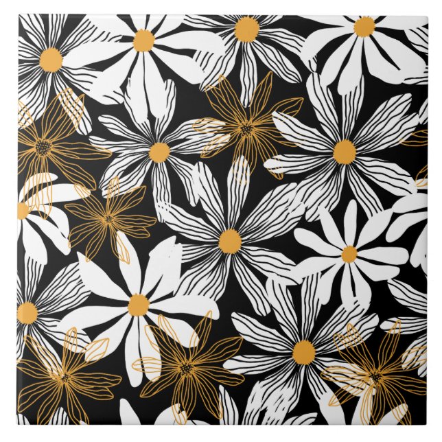 Carreau Black Jaune moderne marguerite Floral Abstrait Mot (Devant)