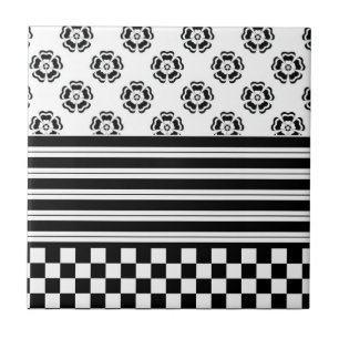Carreau Black White Boho Check Floral Stripes Motif