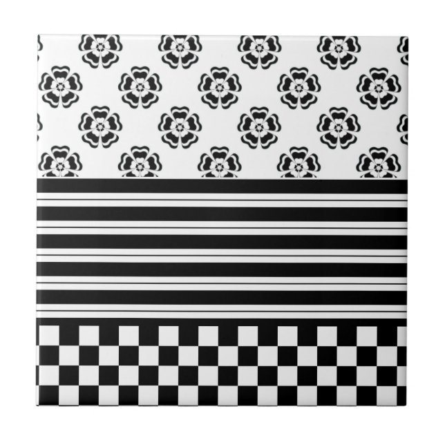Carreau Black White Boho Check Floral Stripes Motif (Devant)