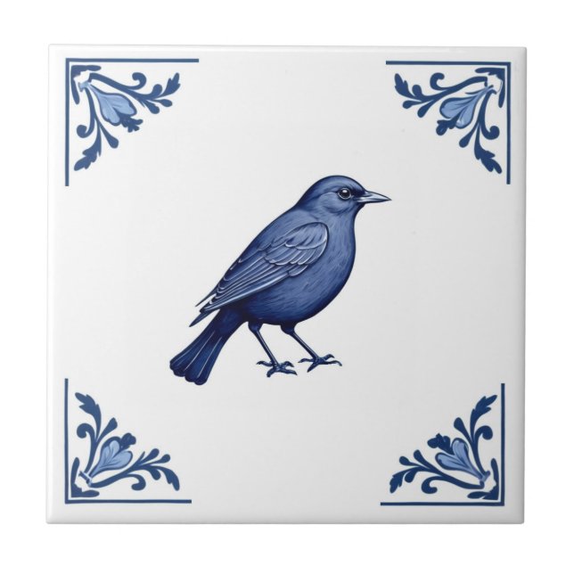 Carreau Blackbird Delft Bleu et blanc Coins floraux Oiseau (Devant)