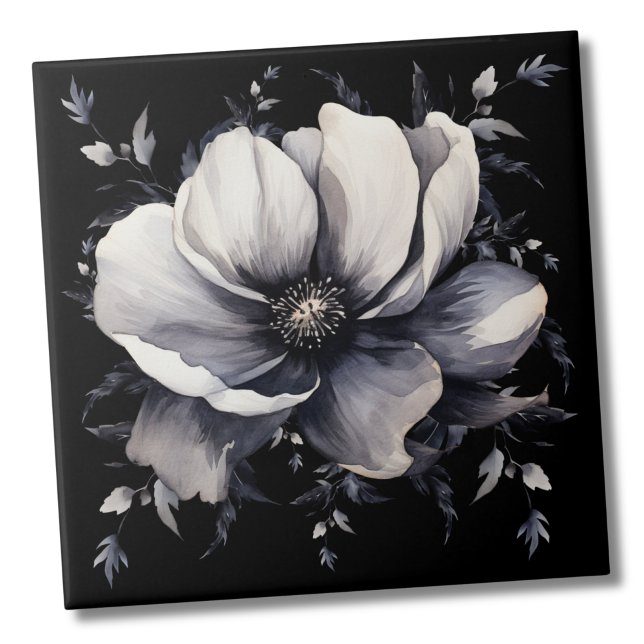 Carreau Blanc Élégant Floral Noir (Unique Modern Elegant White Black Floral ceramic tile)
