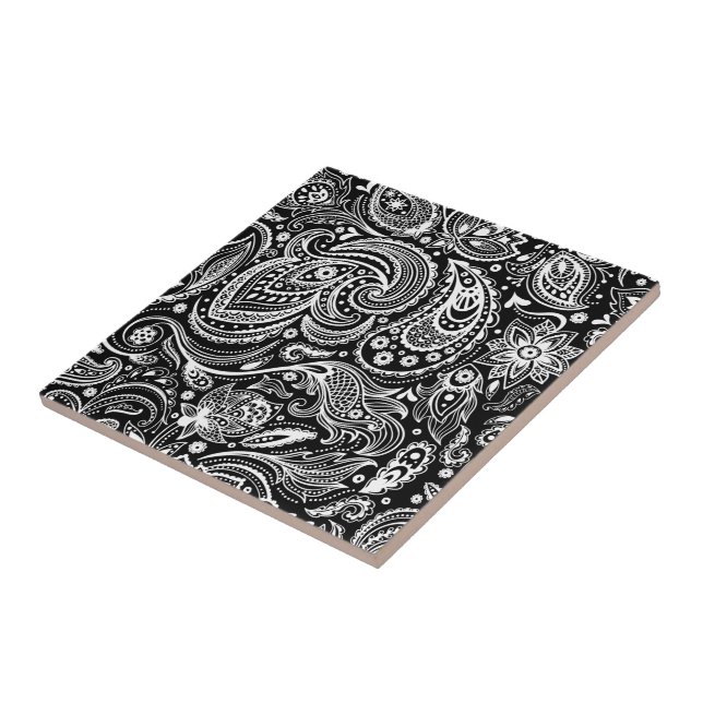 Carreau Blanc et noir Vintage Paisley Dammasques (Côté)