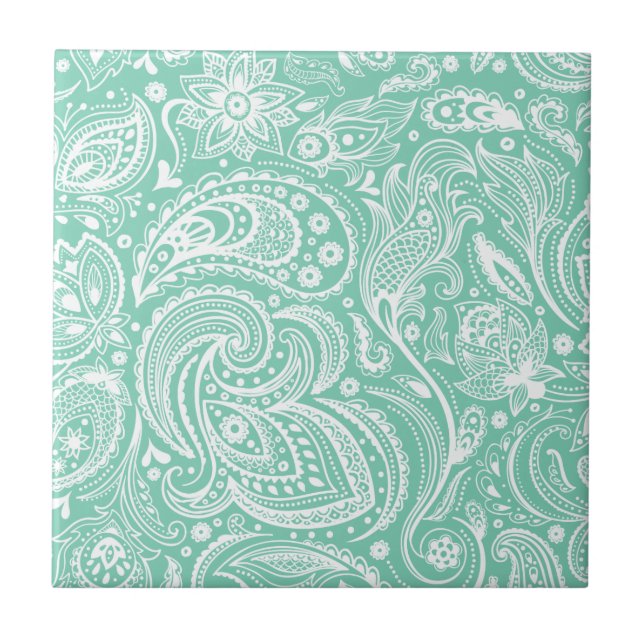 Carreau Blanc & Mint Green Vintage Paisley Damasques (Devant)