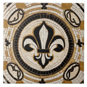Carreau Blanc Noir et Or Fleur de Lis Faux Mosaïque