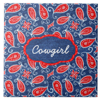 Carreau Blanc rouge floral mignon et blues-jean de Paisley