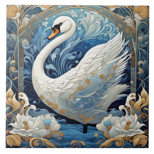 Carreau Blanc Swan Art Nouveau Oiseau Art Déco Bleu (Devant)