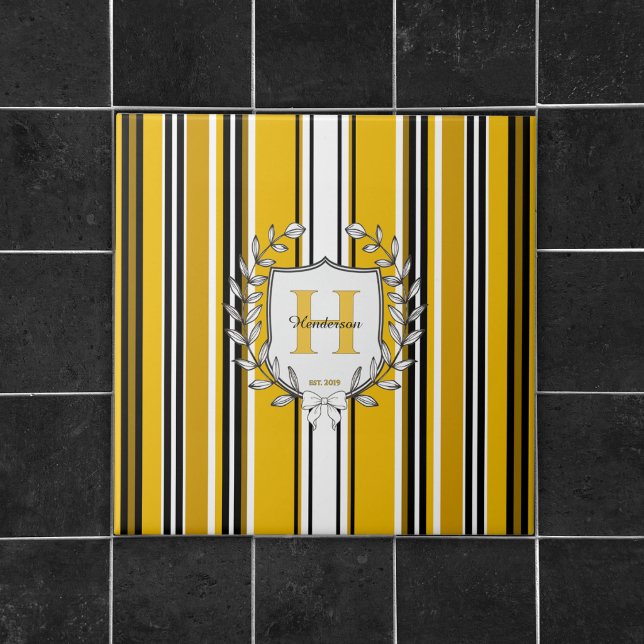 Carreau Blason de monogramme élégante rayure jaune Nom de  (Créateur téléchargé)