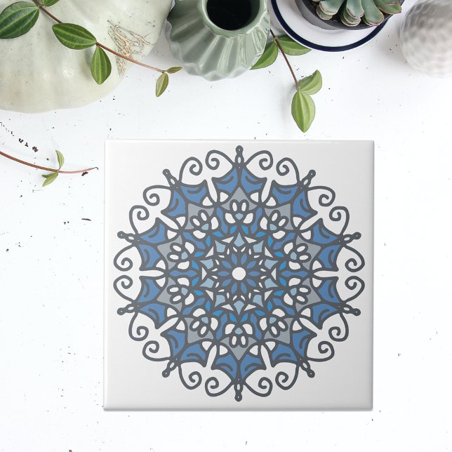Carreau Bleu Acier Clair Élégant Mandala Sur Blanc (Créateur téléchargé)