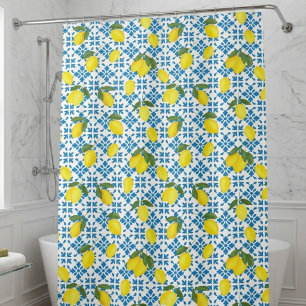 Carreau bleu aquarelle jaune citron rideau de douc