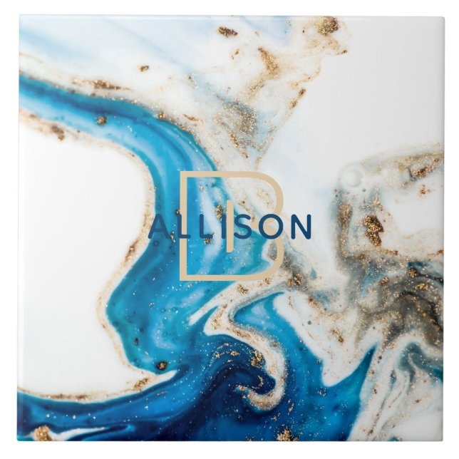 Carreau Bleu blanc marbre or Abstrait Art Monogramme (Devant)