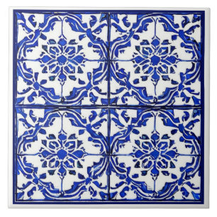 Carreau Bleu blanc motif floral inspiré méditerranéen