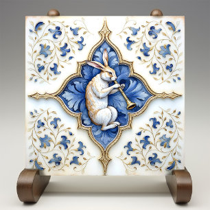 Carreau Bleu Blanc Or Lièvre Motifs Médiévaux