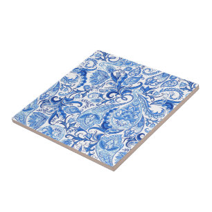 Carreau Bleu Bleu Blanc Floral Motif Paisley