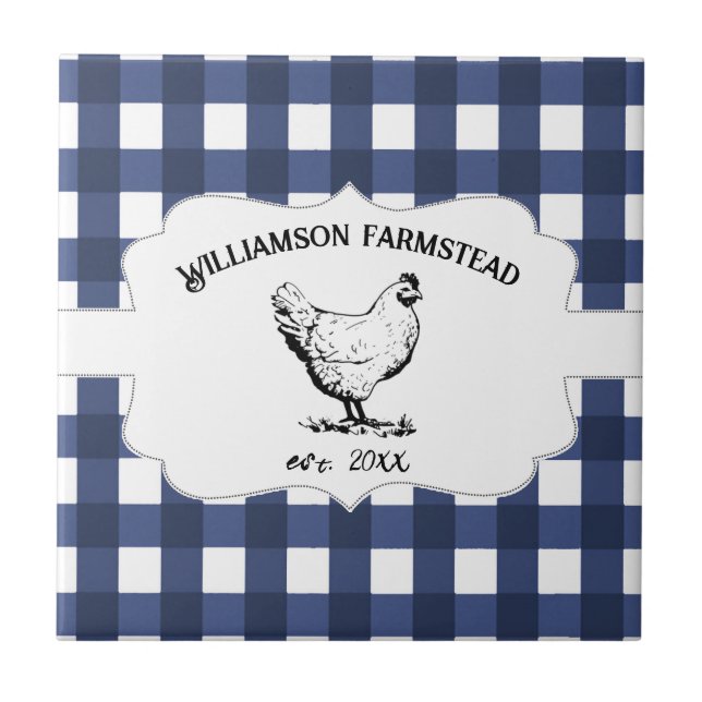 Carreau Bleu Buffalo Plaid Agritourisme poulet Décoratif (Devant)
