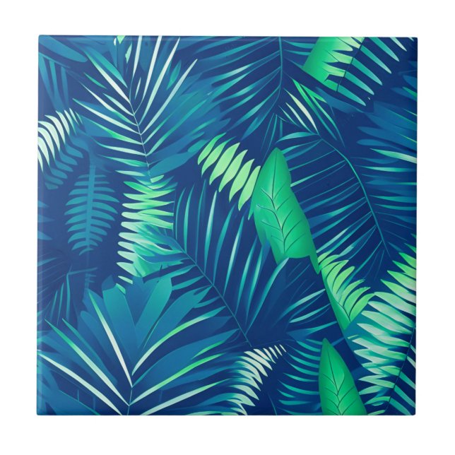 Carreau Bleu clair Vert Tropical Feuille Motif (Devant)