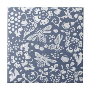 Carreau Bleu d'abeille Blanc Botanique Floral Delft Denim