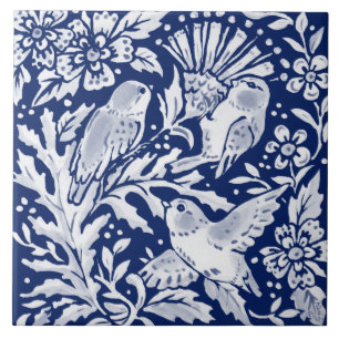 Carreau Bleu de la Marine de Cobalt Oiseaux de bois sur ch