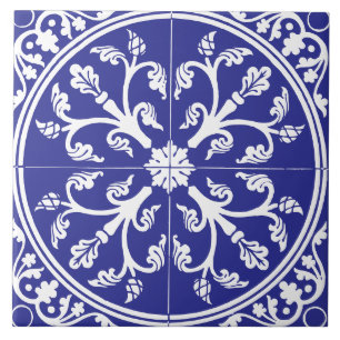 Carreau Bleu et Blanc Abstrait Botanique Cercle Vintage